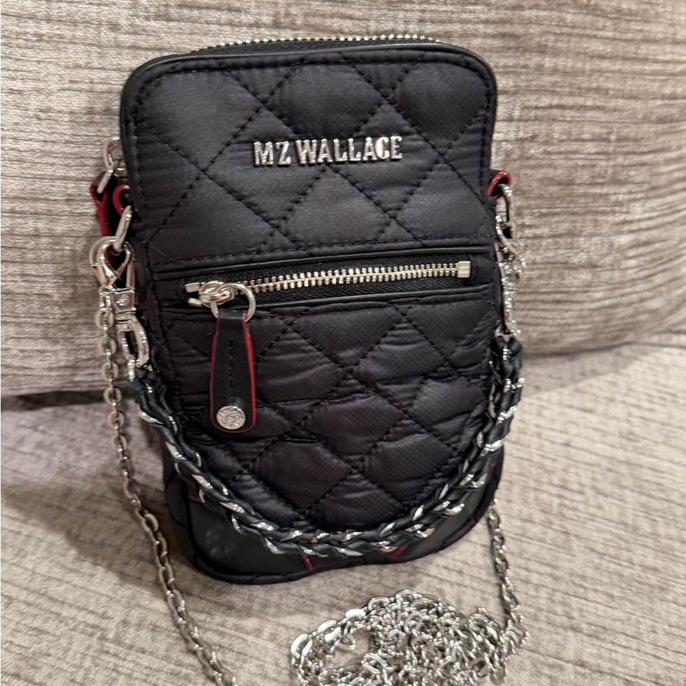 MZ WALLACE Black, Quilted Micro Crosby Crossbody Phone Bag with Silver Chain - Picture 4 of 16